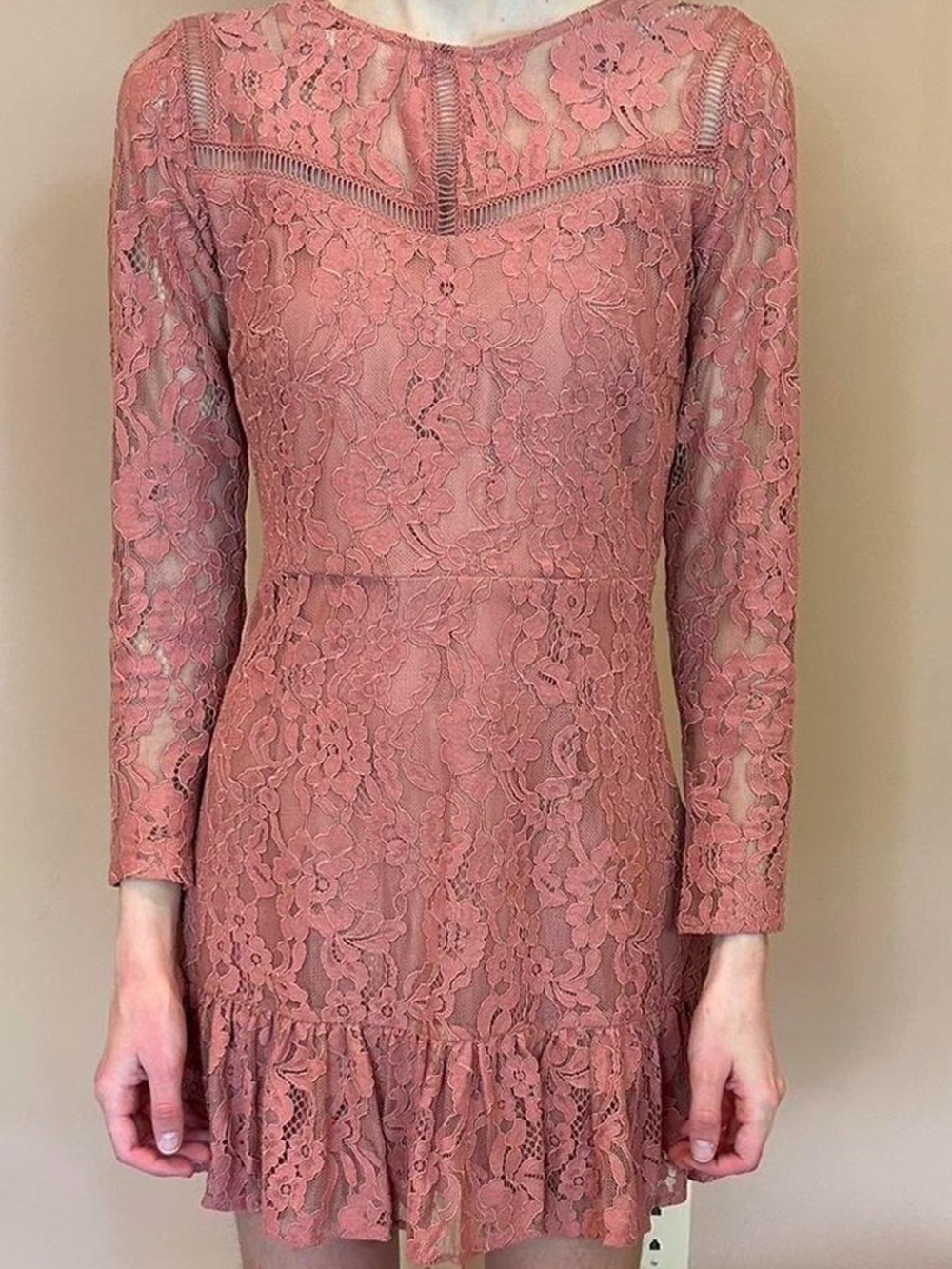 miami Dusty Rose Lace Long-Sleeve Mini Dress